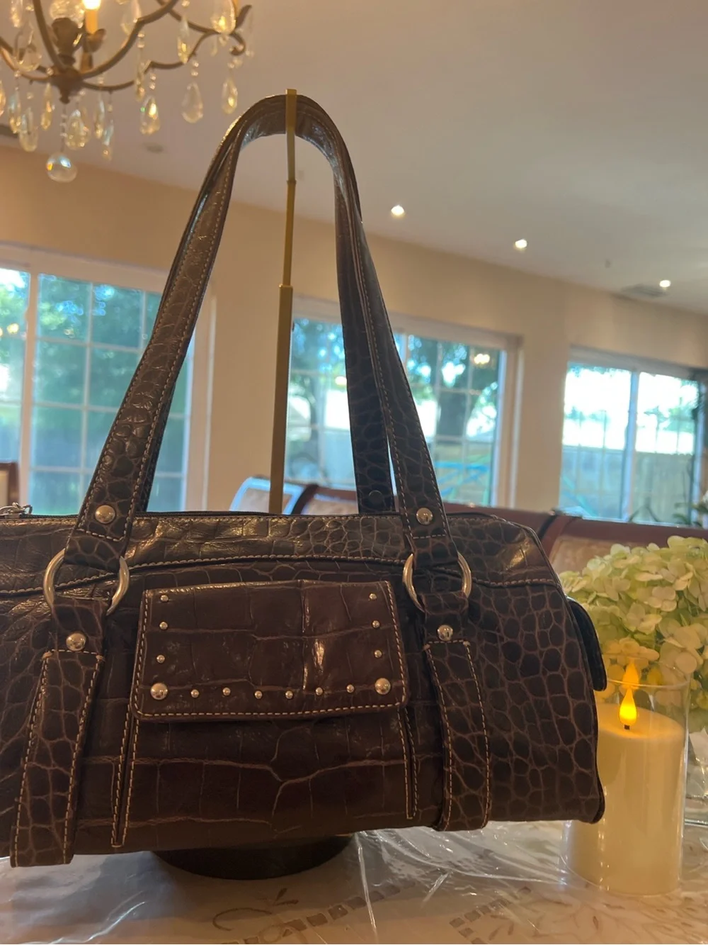 Donald J Pliner Brown Croc Embossed Leather Satchel Bag + Matching Size 8 Shoes